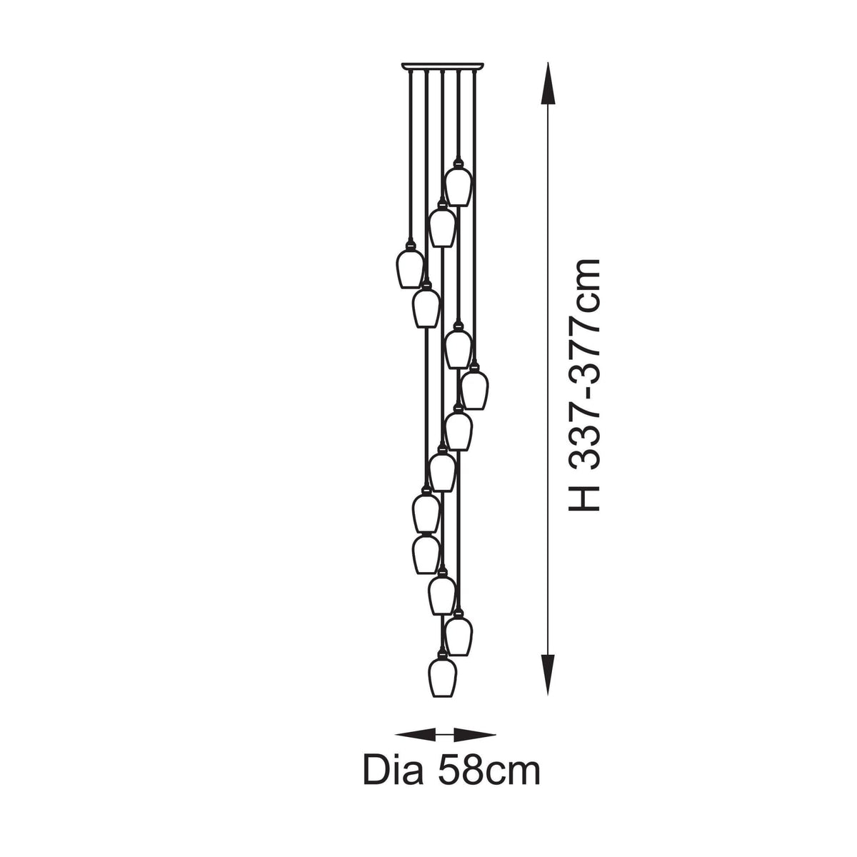 Line drawing illustrating the dimensions of the multi-pendant light fixture, with a height of 337-377cm and diameter of 58cm.