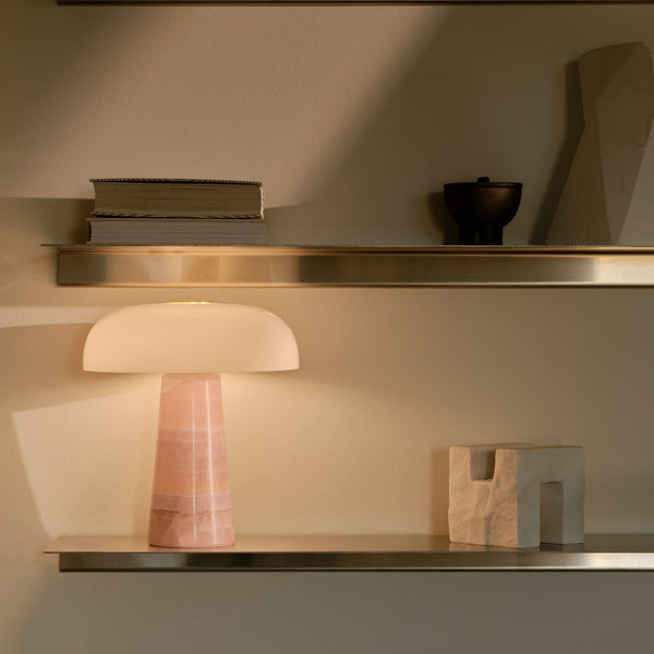 Glossy Mini Pink Jade Marble Table Lamp with Opal Glass Shade