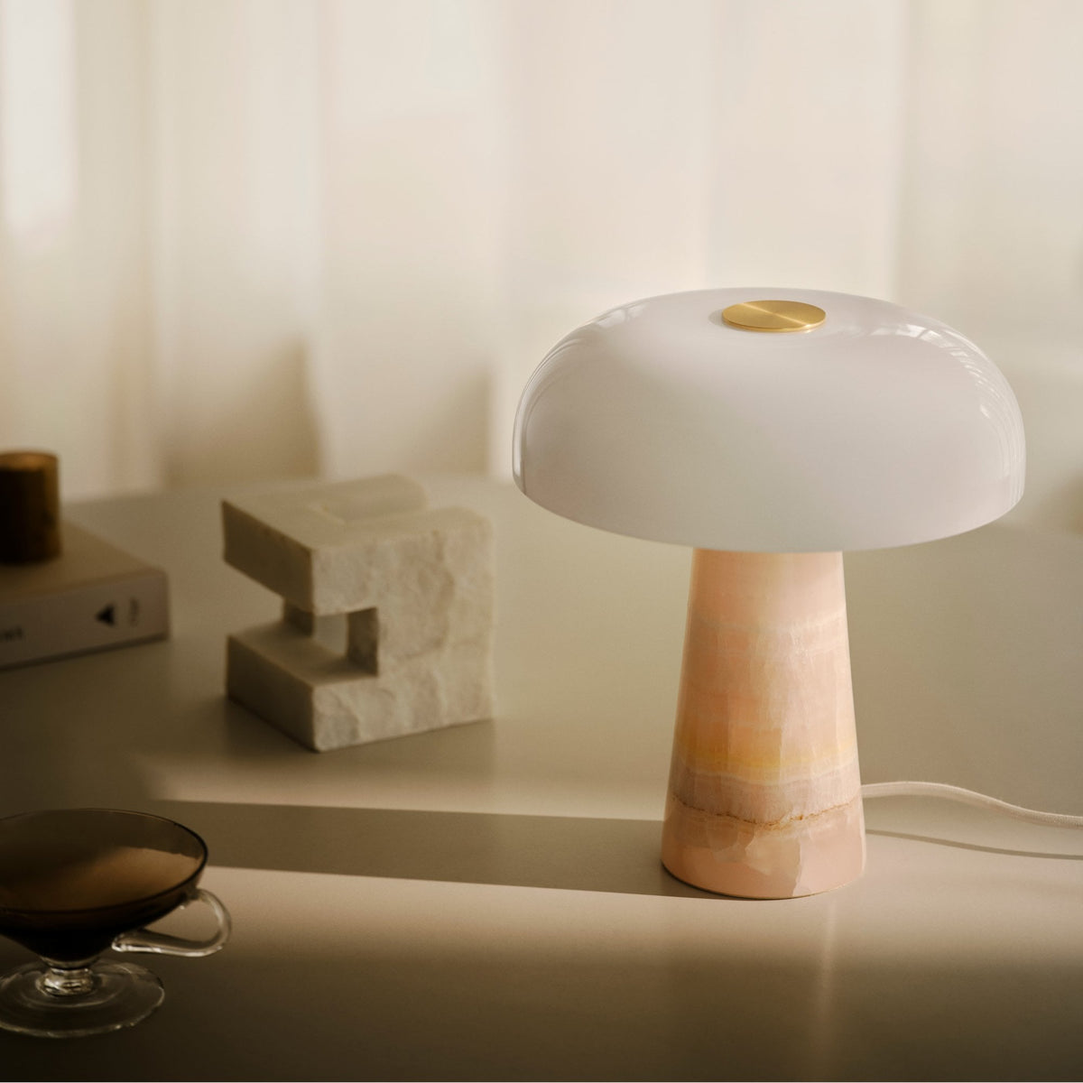 Glossy Mini Pink Jade Marble Table Lamp with Opal Glass Shade