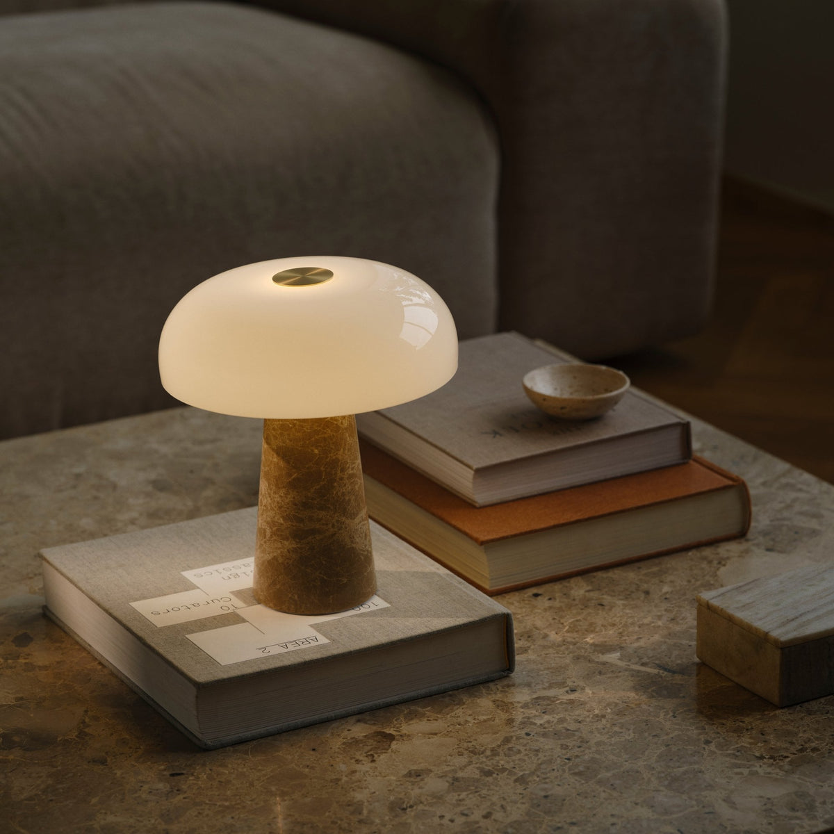 Glossy Mini Beige Marble Table Lamp with Opal Glass Shade