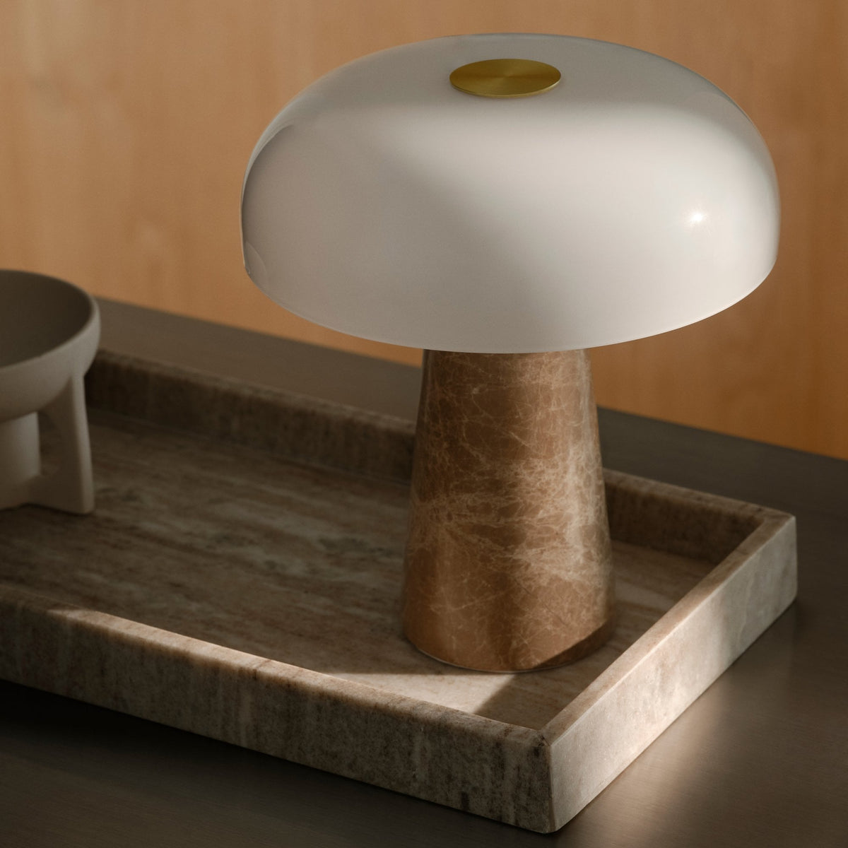 Glossy Mini Beige Marble Table Lamp with Opal Glass Shade