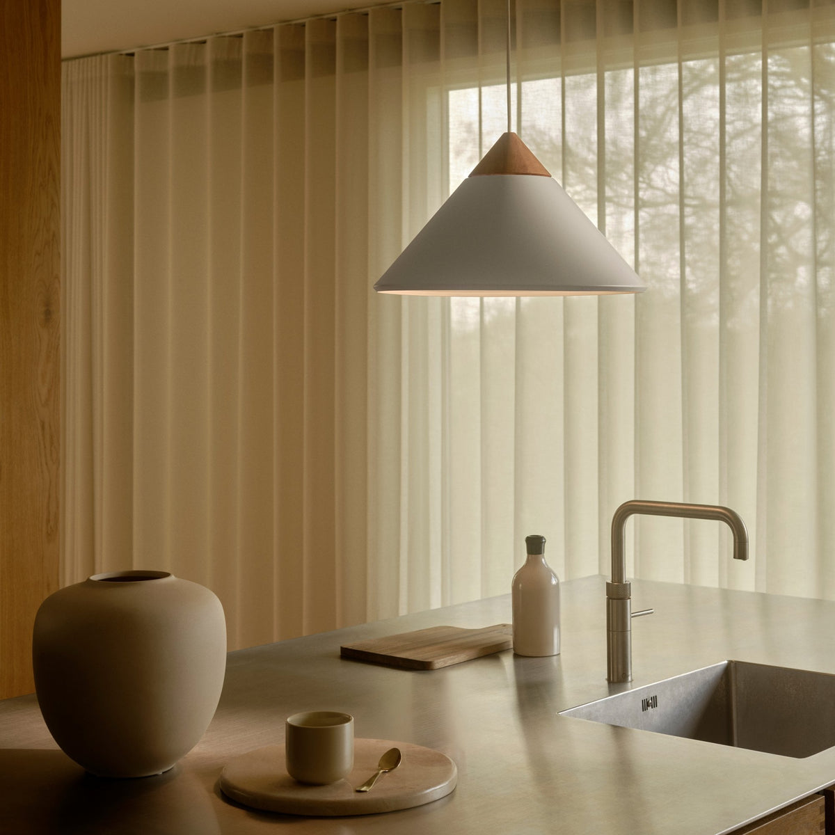 Kinto Pendant in White with Wood Detail