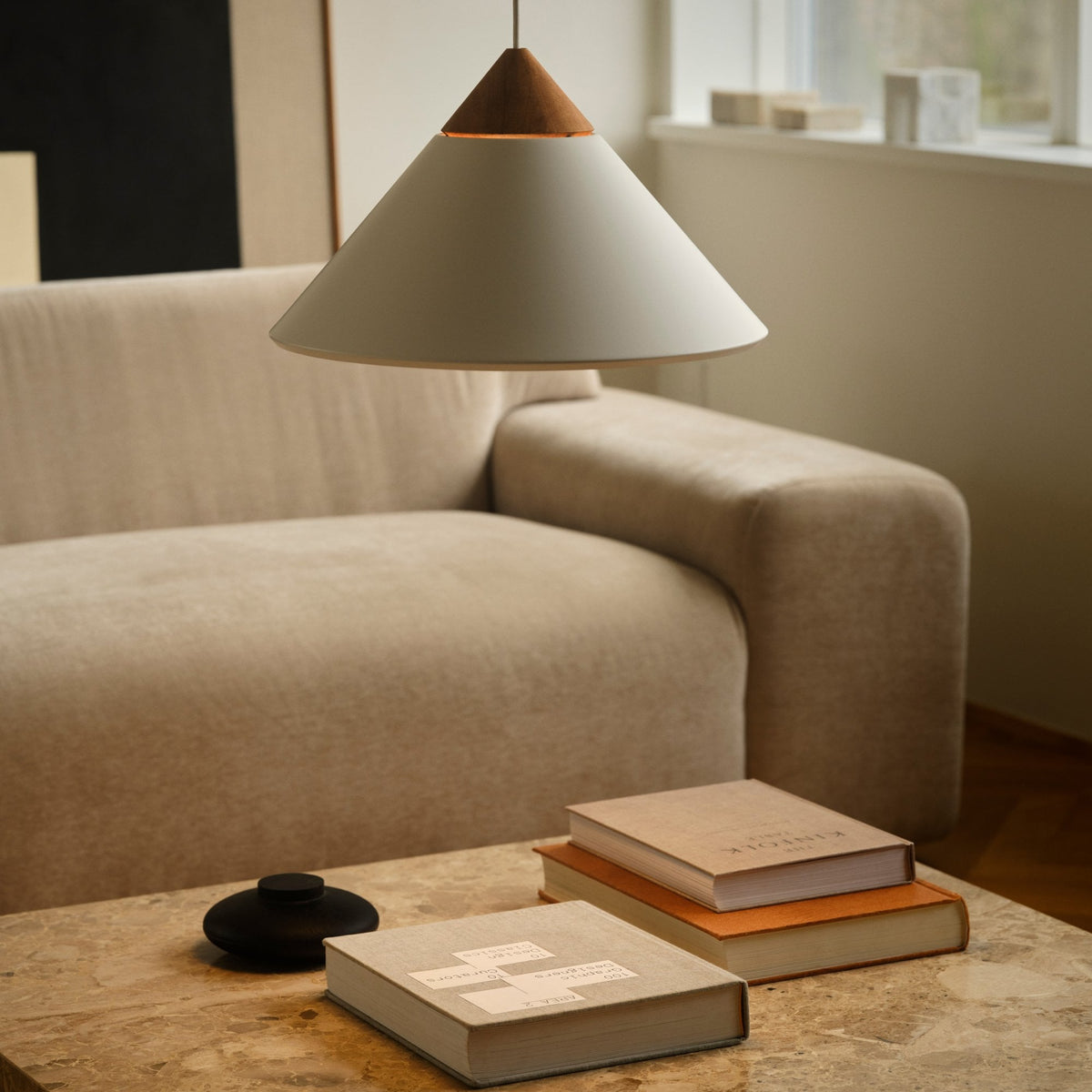 Kinto Pendant in White with Wood Detail