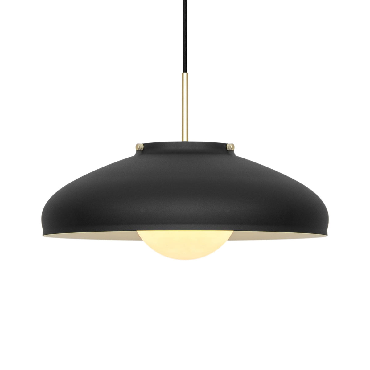 Black pendant light with a wide, shallow shade and a glowing spherical bulb underneath