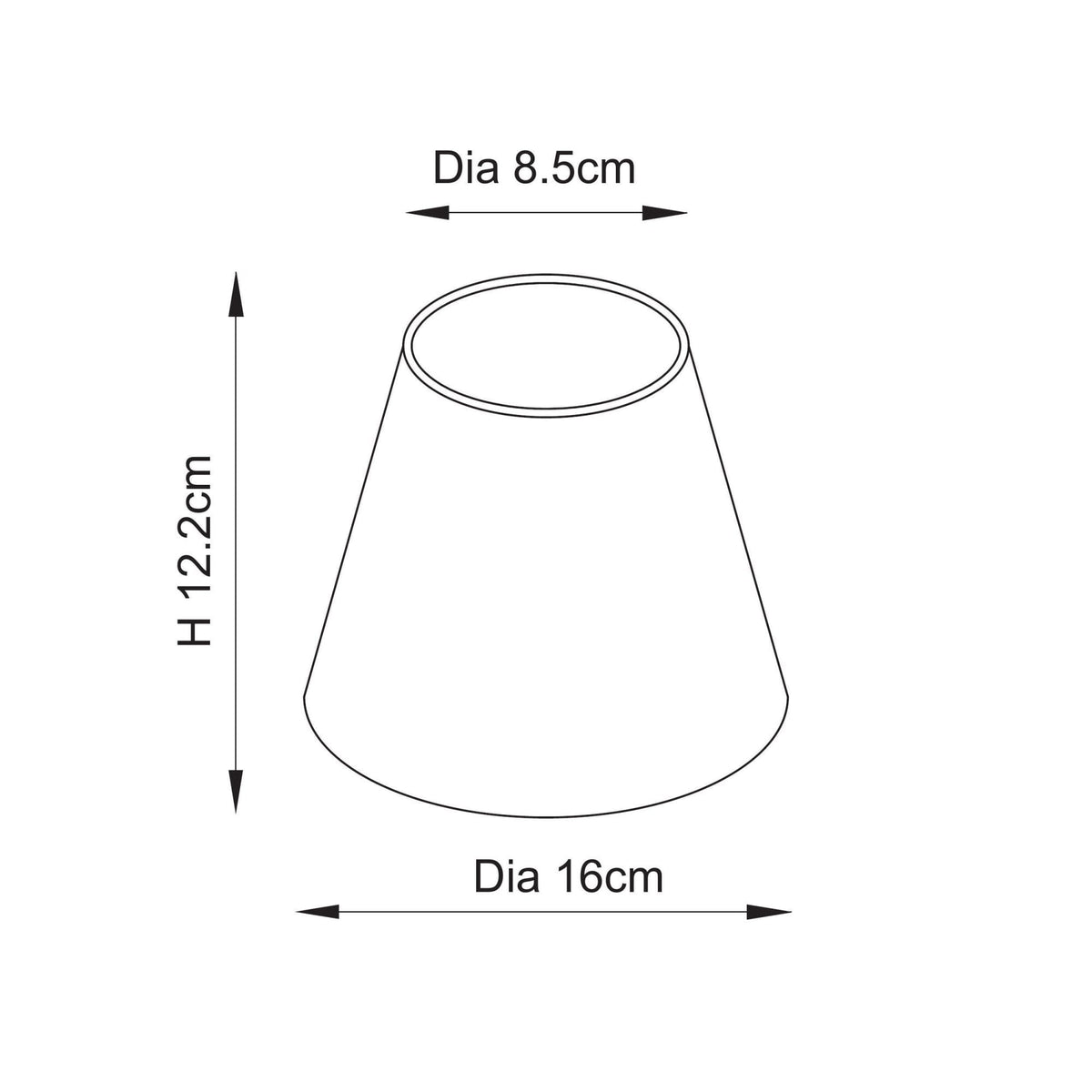 A diagram of a conical lampshade with height, top diameter, and bottom diameter measurements.