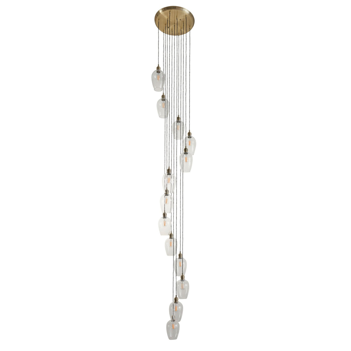 A long, spiral chandelier with clear glass pendants, shown on a white background.