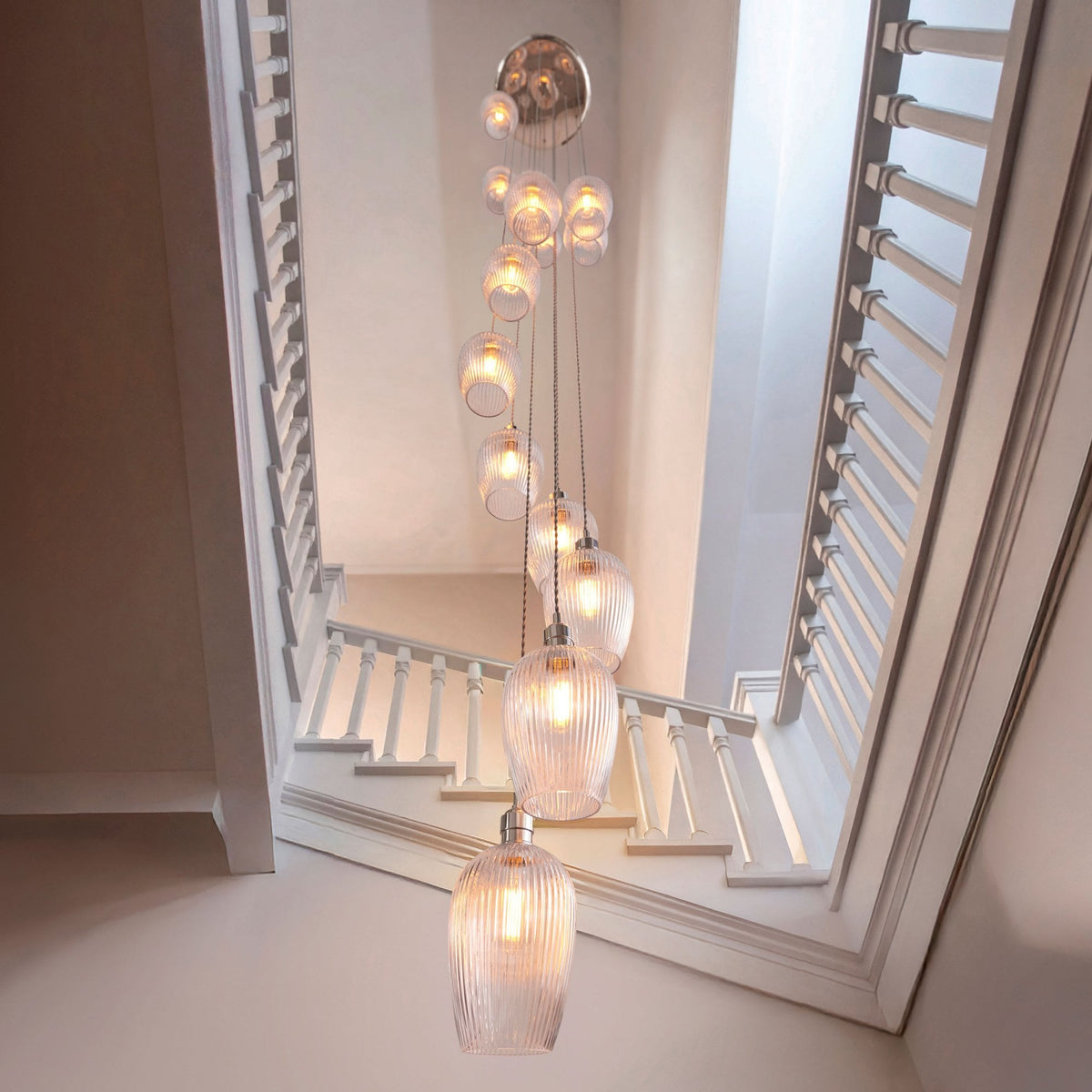 Hoburne 13 Light Cascade Pendant in Polished Nickel with Clear Ribbed Glass
