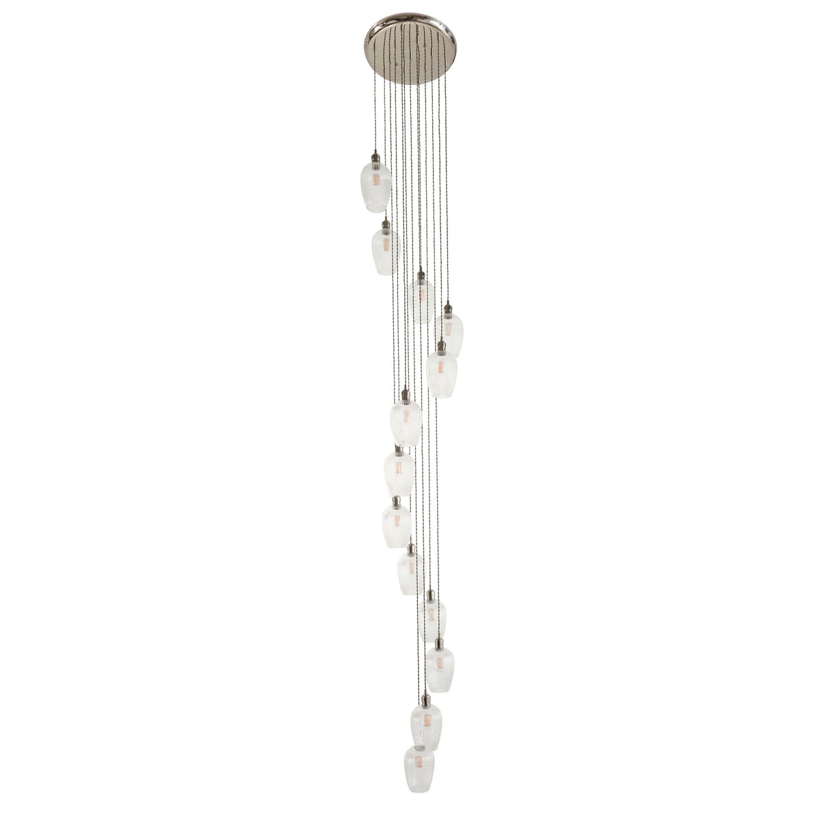 Hoburne 13 Light Cascade Pendant in Polished Nickel with Clear Ribbed Glass