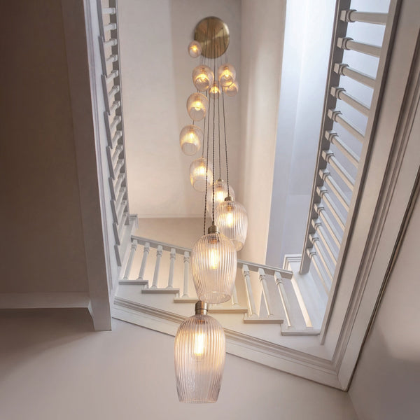 Hoburne 13 Light Cascade Pendant in Antique Brass with Clear Ribbed Glass