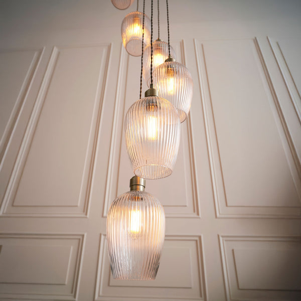 Hoburne 13 Light Cascade Pendant in Antique Brass with Clear Ribbed Glass