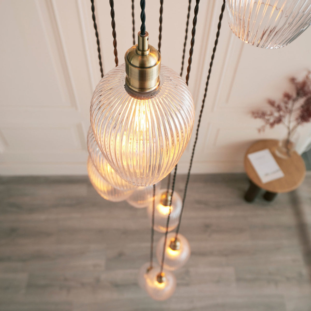 Hoburne 13 Light Cascade Pendant in Antique Brass with Clear Ribbed Glass
