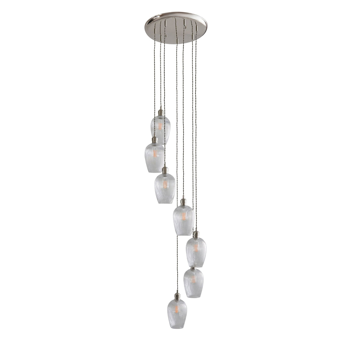 A modern seven-light cluster pendant with clear ribbed glass shades, providing a sleek lighting solution.