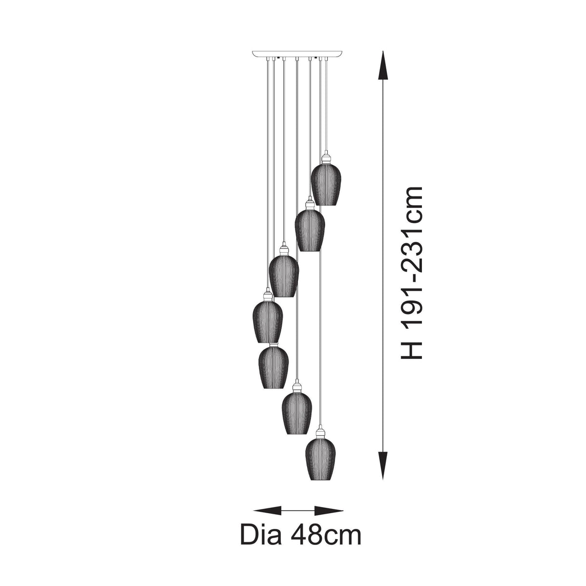 A diagram illustrating the dimensions of a multi-light pendant, showing a height range of 191-231cm and a diameter of 48cm.