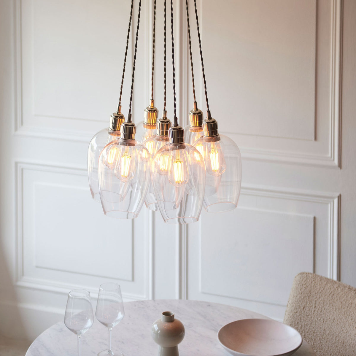 Hoburne 7 Light Cluster Pendant in Bright Nickel with Clear Glass