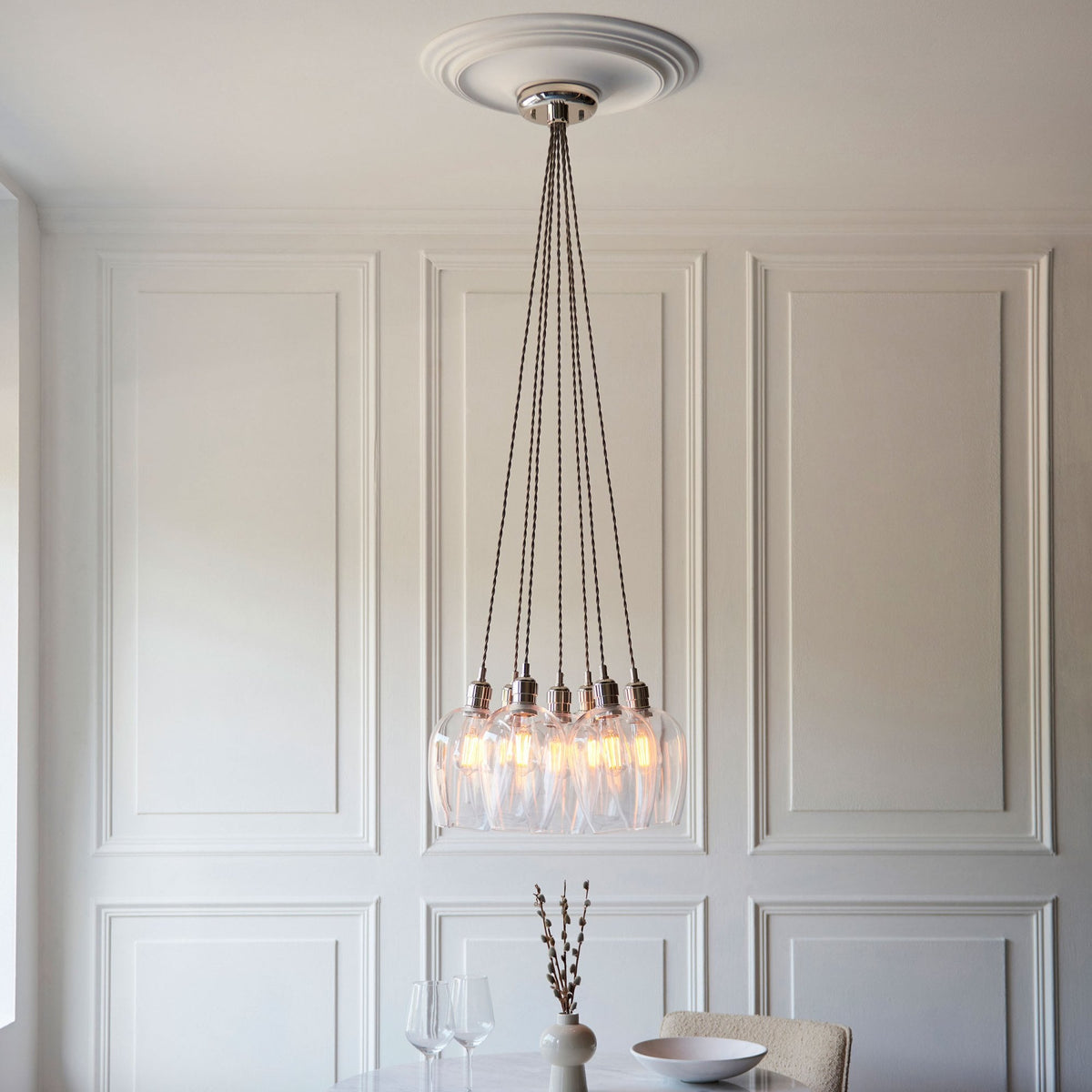 Hoburne 7 Light Cluster Pendant in Bright Nickel with Clear Glass