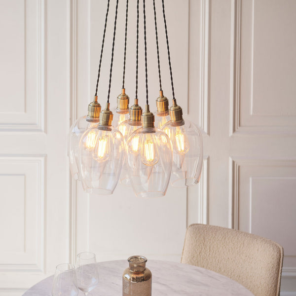 Hoburne 7 Light Cluster Pendant in Antique Brass with Clear Glass