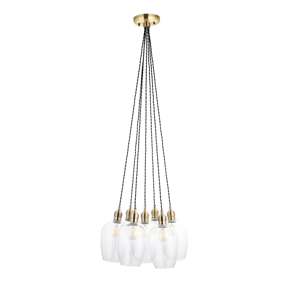 Hoburne 7 Light Cluster Pendant in Antique Brass with Clear Glass