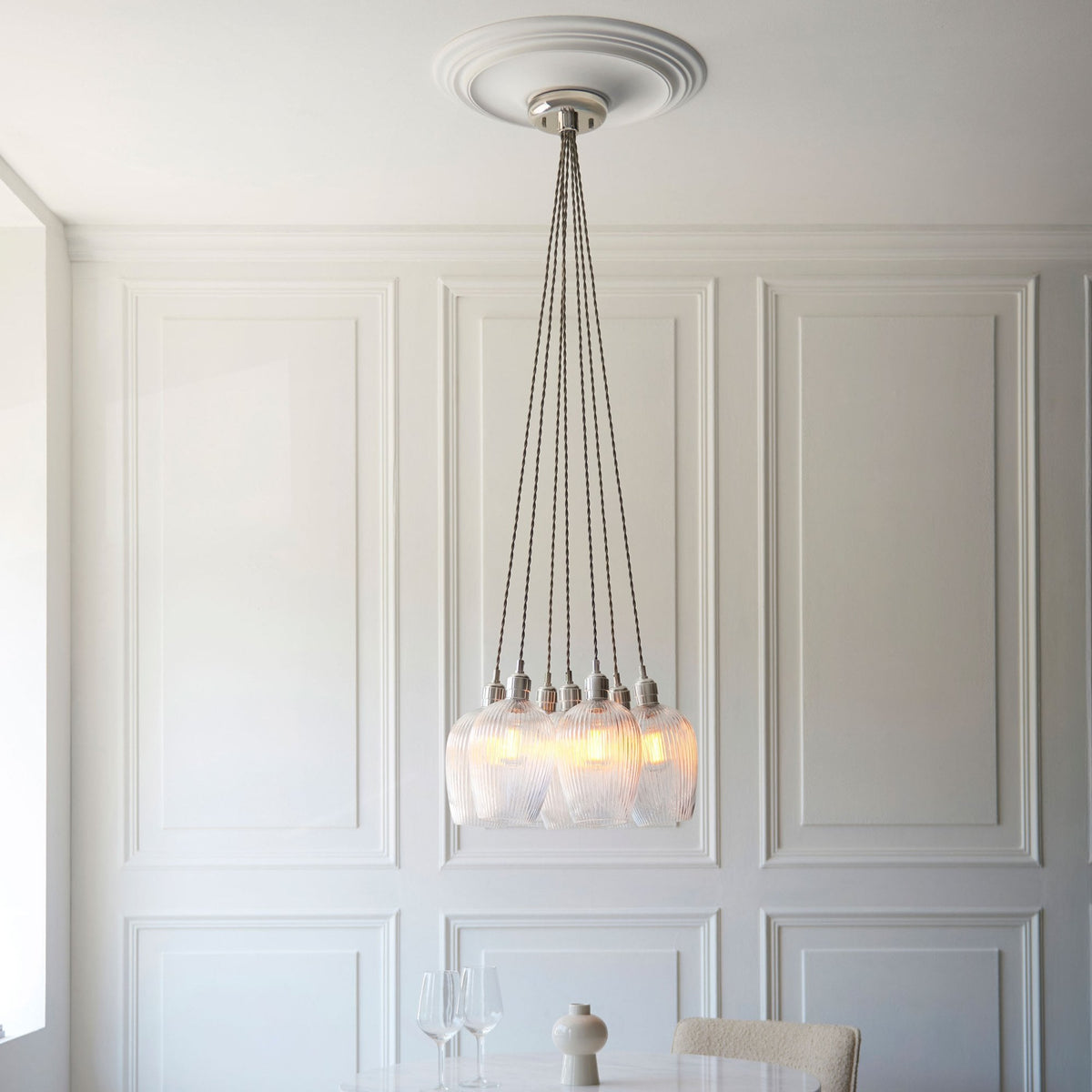 Hoburne 7 Light Cluster Pendant in Bright Nickel with Clear Ribbed Glass