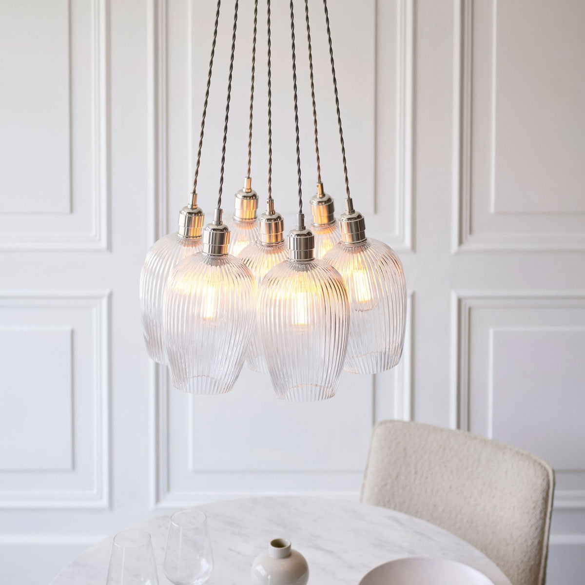 Hoburne 7 Light Cluster Pendant in Bright Nickel with Clear Ribbed Glass