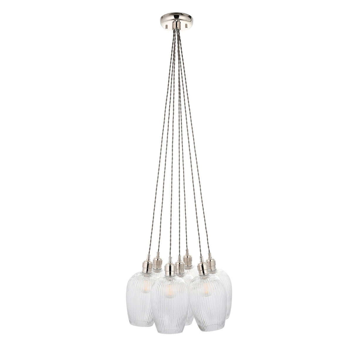 Hoburne 7 Light Cluster Pendant in Bright Nickel with Clear Ribbed Glass