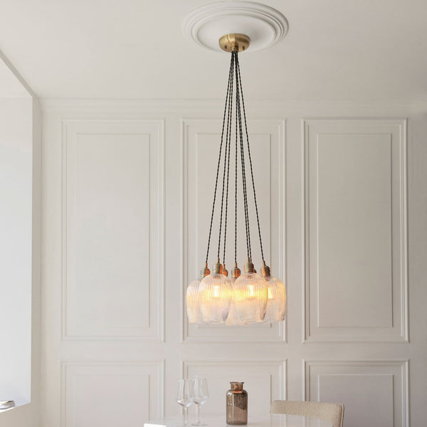 Hoburne 7 Light Cluster Pendant in Antique Brass with Clear Ribbed Glass