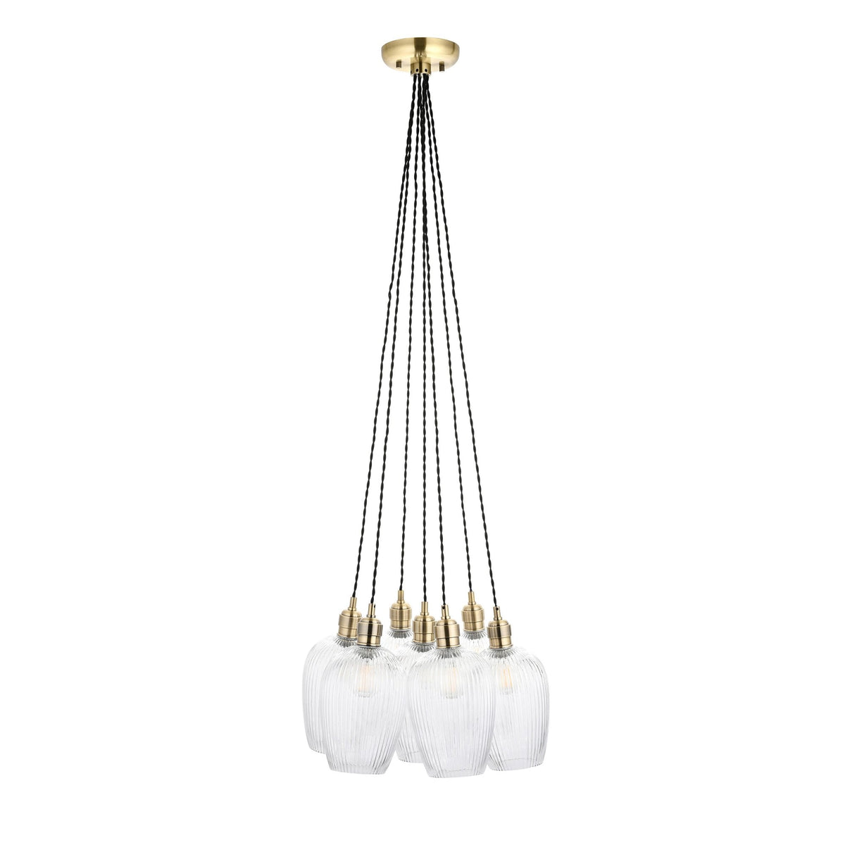 The Volia Glass Chandelier with five ribbed glass shades and an antique brass ceiling rose, against a white background.
