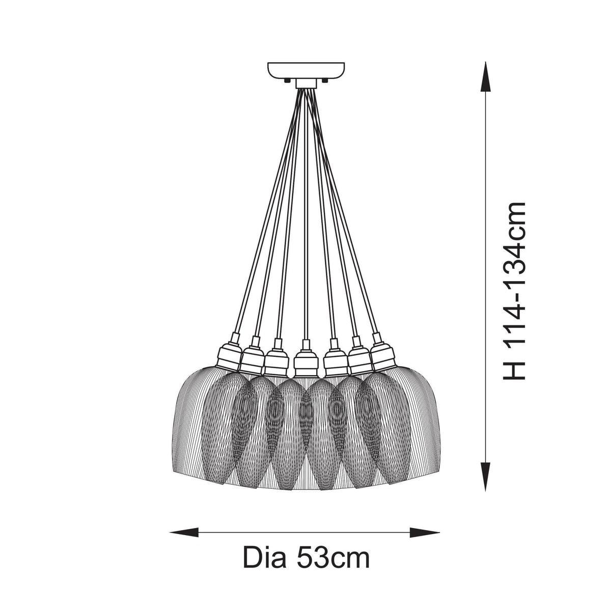 A diagram illustrating the dimensions of the Volia Glass Chandelier, with a height of 114-134cm and a diameter of 53cm.