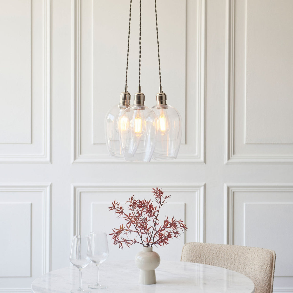 Hoburne 3 Light Cluster Pendant in Bright Nickel with Clear Glass