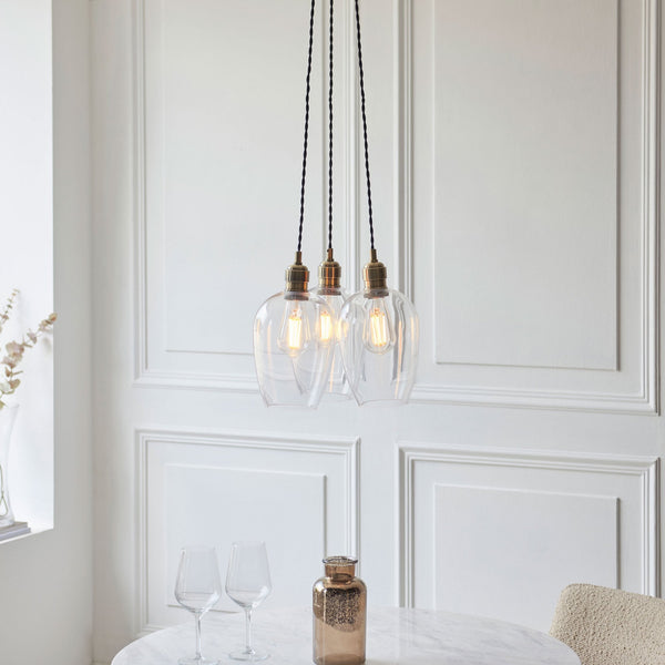 Hoburne 3 Light Cluster Pendant in Antique Brass with Clear Glass