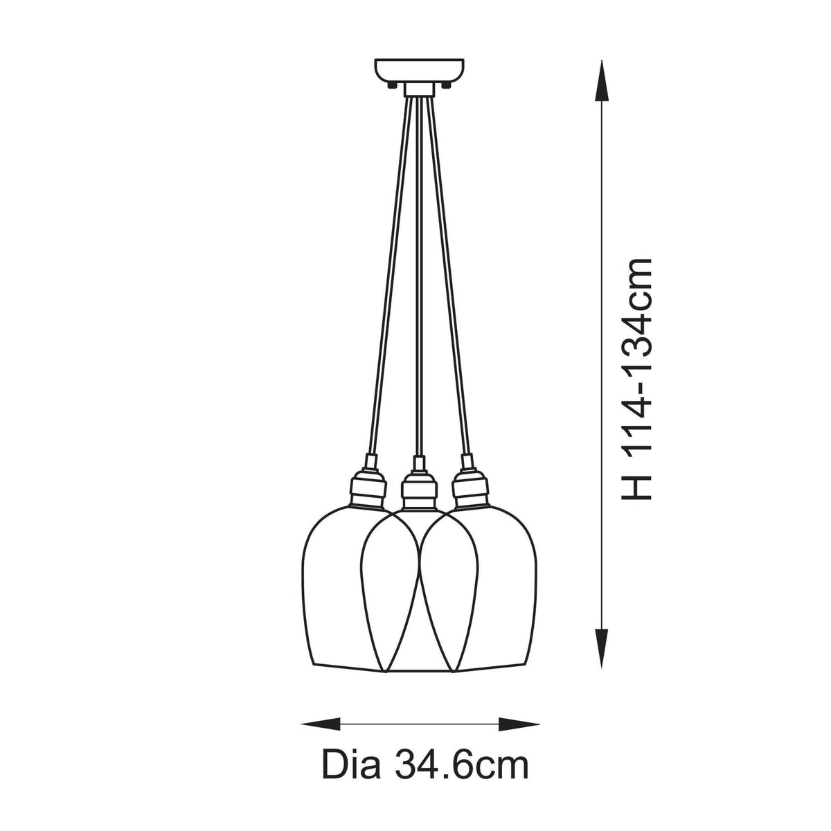 Line drawing of the three pendant lights, showing a height range of 114-134cm and a diameter of 34.6cm.