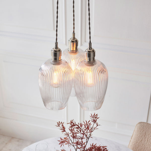 Hoburne 3 Light Cluster Pendant in Bright Nickel with Clear Ribbed Glass