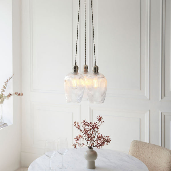 Hoburne 3 Light Cluster Pendant in Bright Nickel with Clear Ribbed Glass