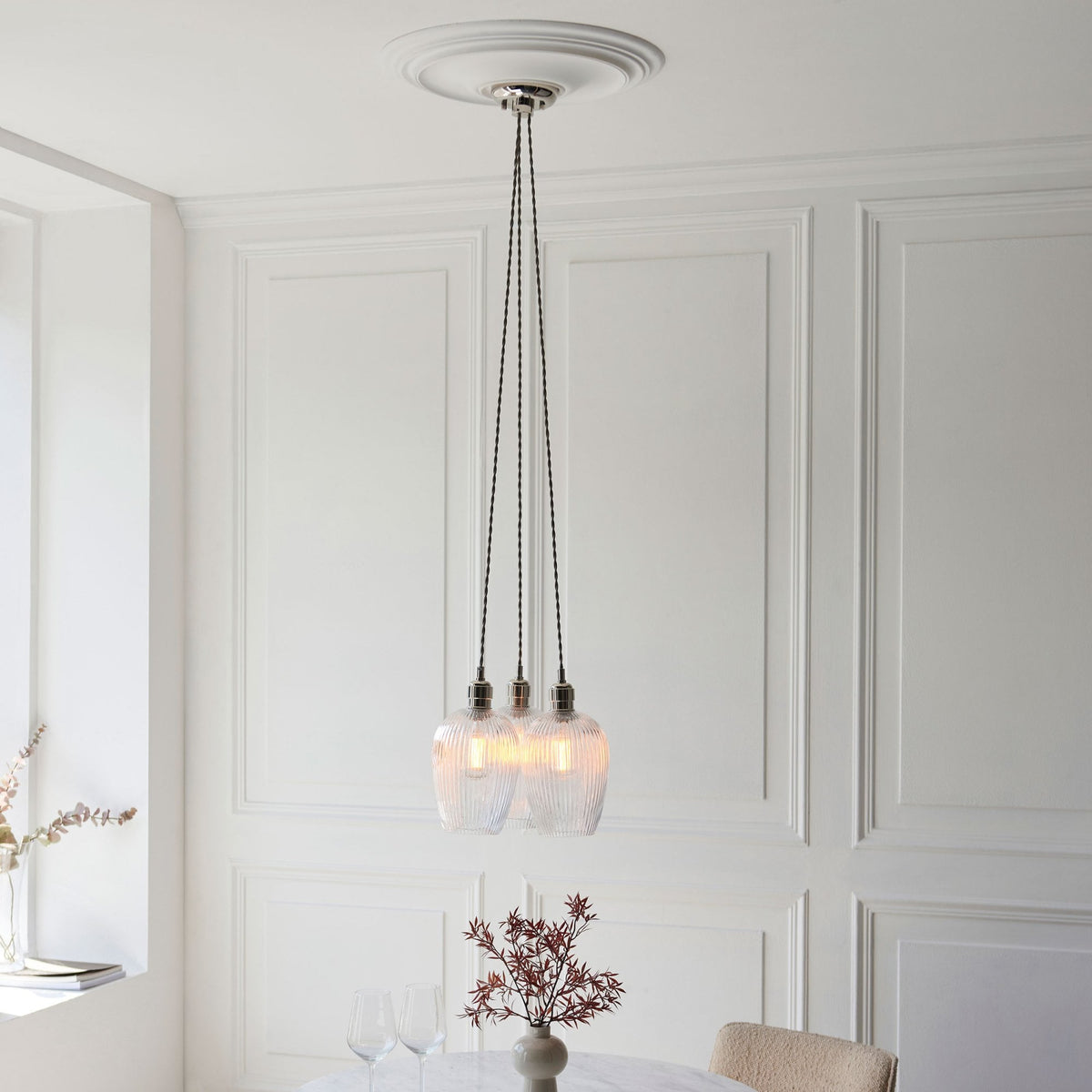Hoburne 3 Light Cluster Pendant in Bright Nickel with Clear Ribbed Glass