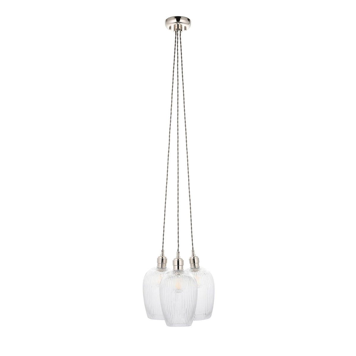 Hoburne 3 Light Cluster Pendant in Bright Nickel with Clear Ribbed Glass