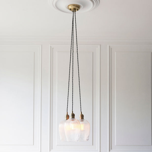 Hoburne 3 Light Cluster Pendant in Antique Brass with Clear Ribbed Glass