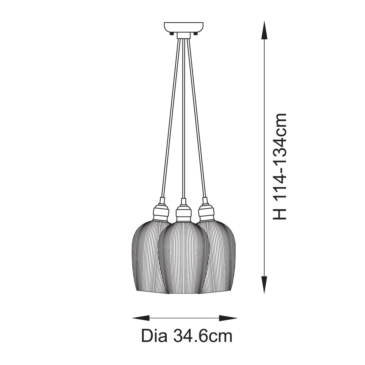 Line drawing of the pendant light fixture with dimensions: 114-134cm height, 34.6cm diameter.