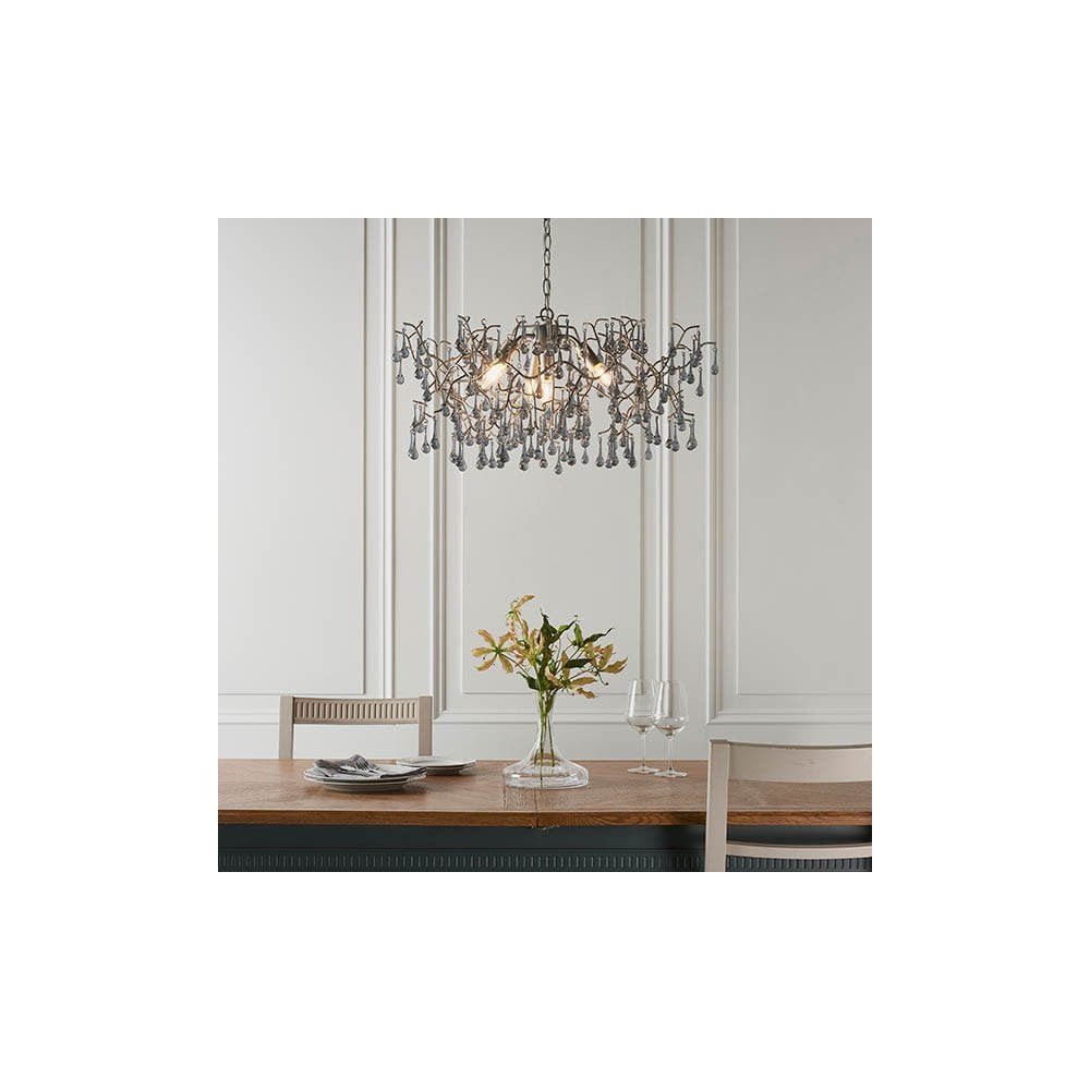 Tuxford Four Light Branch Chandelier in Aged Silver with Smokey Grey Tinted Glass Droplets