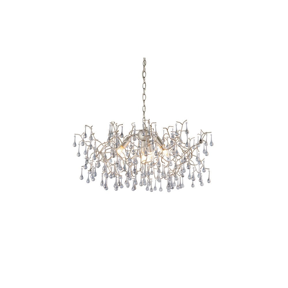 Tuxford Four Light Branch Chandelier in Aged Silver with Smokey Grey Tinted Glass Droplets