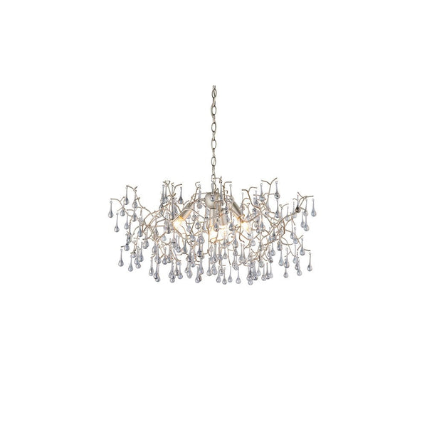 Tuxford Four Light Branch Chandelier in Aged Silver with Smokey Grey Tinted Glass Droplets
