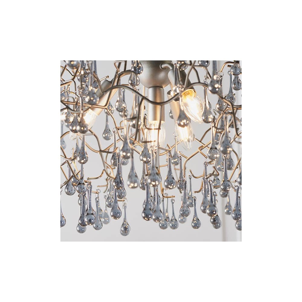 Tuxford Four Light Branch Chandelier in Aged Silver with Smokey Grey Tinted Glass Droplets