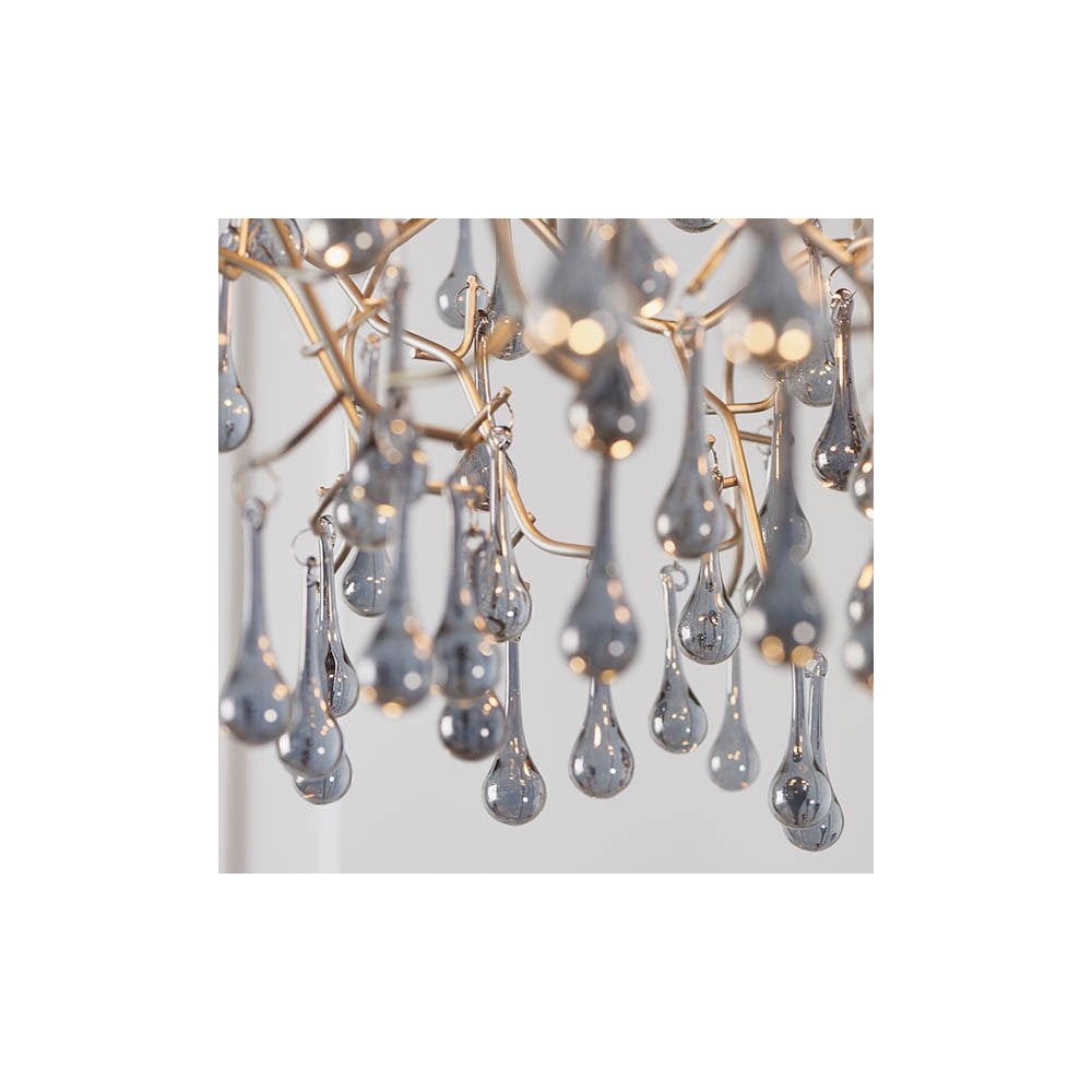 Tuxford Four Light Branch Chandelier in Aged Silver with Smokey Grey Tinted Glass Droplets