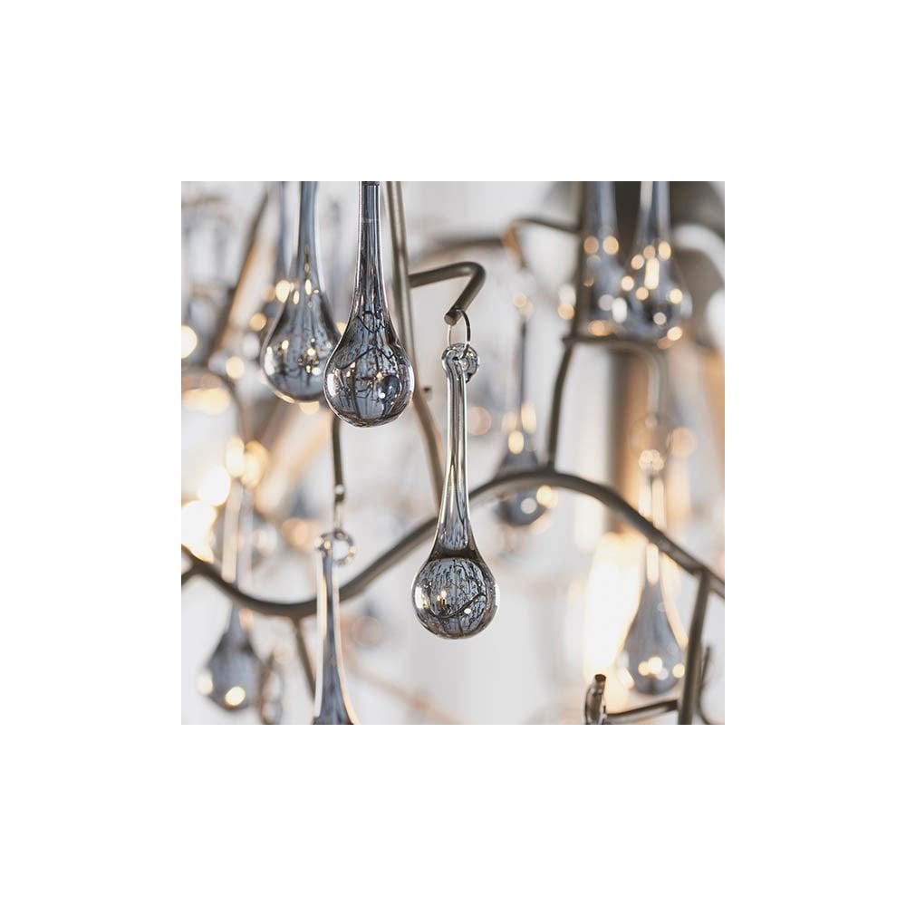 Tuxford Four Light Branch Chandelier in Aged Silver with Smokey Grey Tinted Glass Droplets