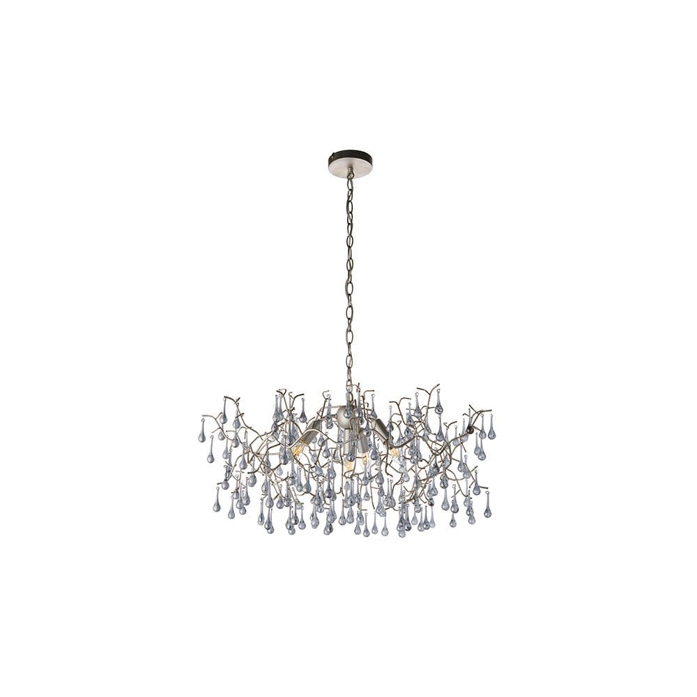Tuxford Four Light Branch Chandelier in Aged Silver with Smokey Grey Tinted Glass Droplets