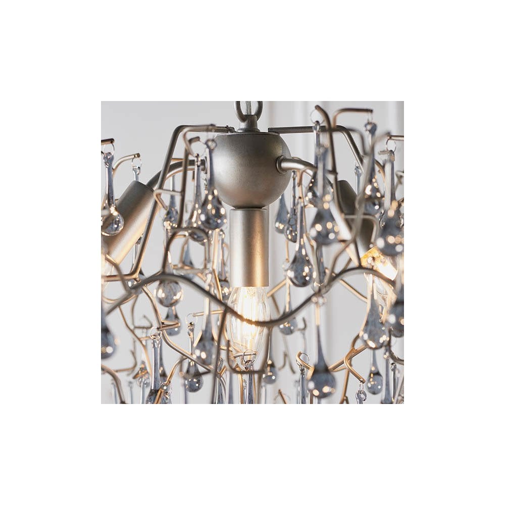 Tuxford Four Light Branch Chandelier in Aged Silver with Smokey Grey Tinted Glass Droplets