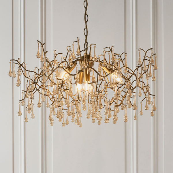 Tuxford Four Light Branch Chandelier in Aged Gold with Champagne Lustre Glass Droplets