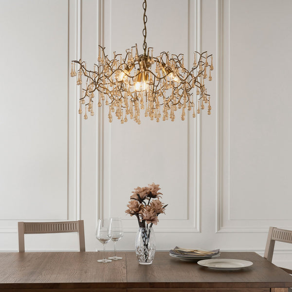 Tuxford Four Light Branch Chandelier in Aged Gold with Champagne Lustre Glass Droplets
