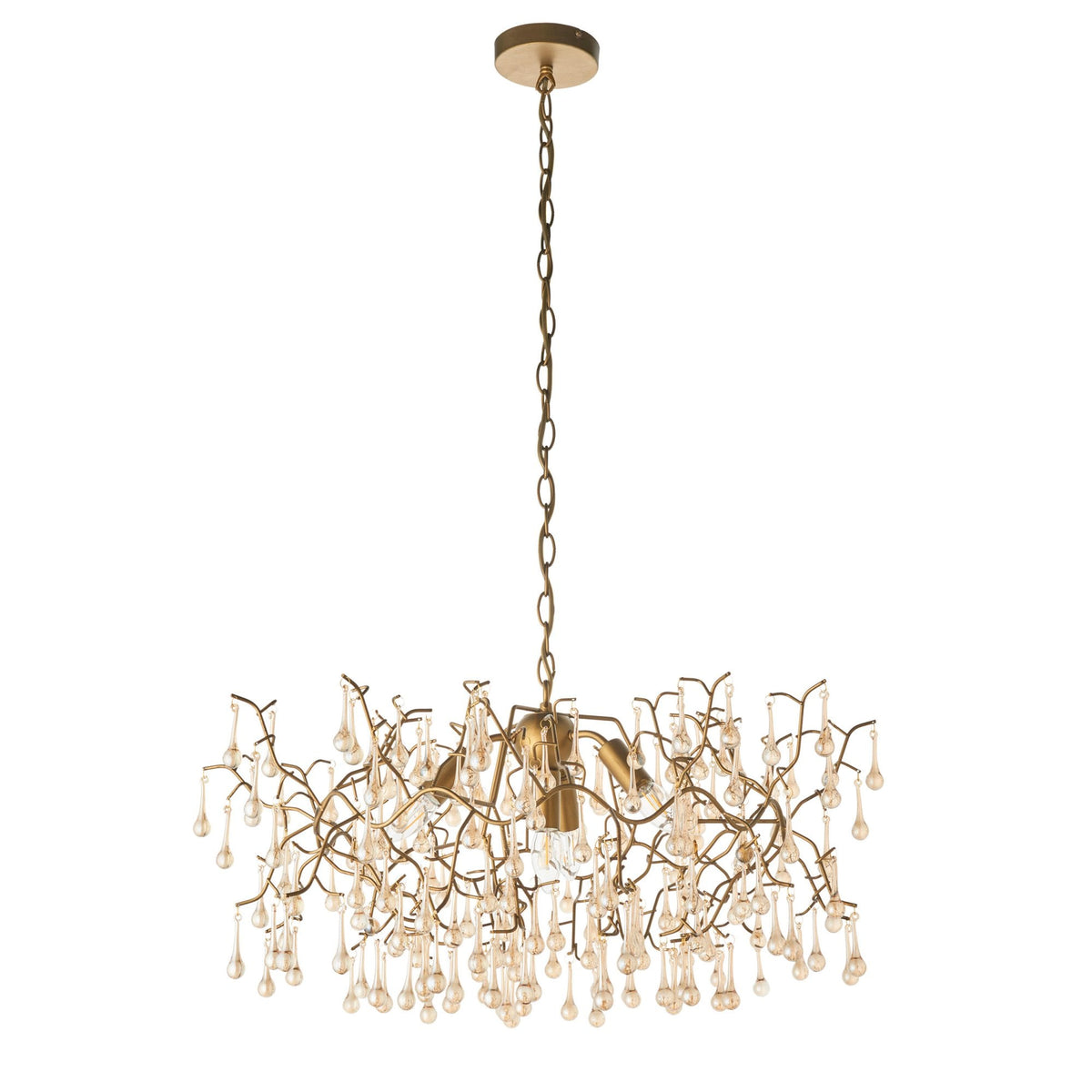 The bronze 12-light chandelier, featuring numerous glass droplets, suspended against a pure white background.
