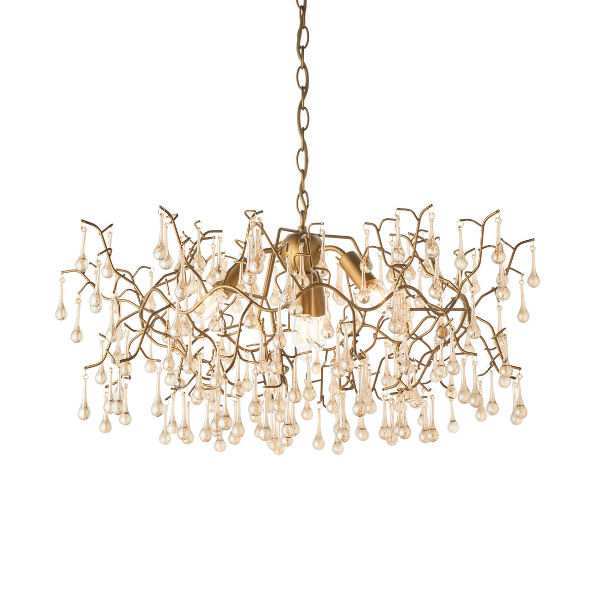 A full view of the bronze 12-light chandelier, elegantly designed with sparkling champagne glass droplets.