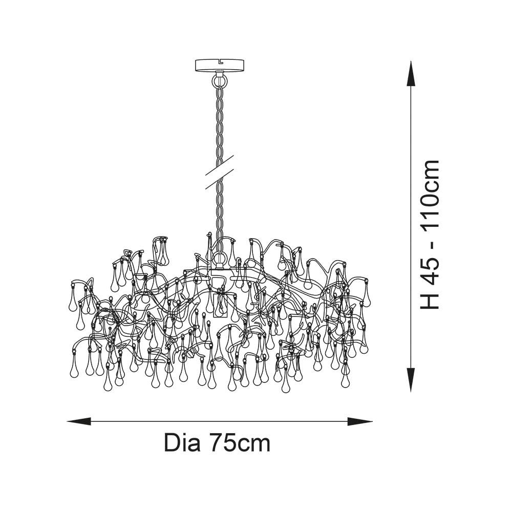 A technical drawing of the chandelier showing its dimensions: 75cm diameter and adjustable height from 45-110cm.