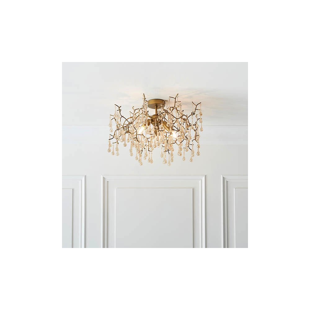 Tuxford Three Light Branch Semi Flush in Aged Gold with Champagne Lustre Glass Droplets